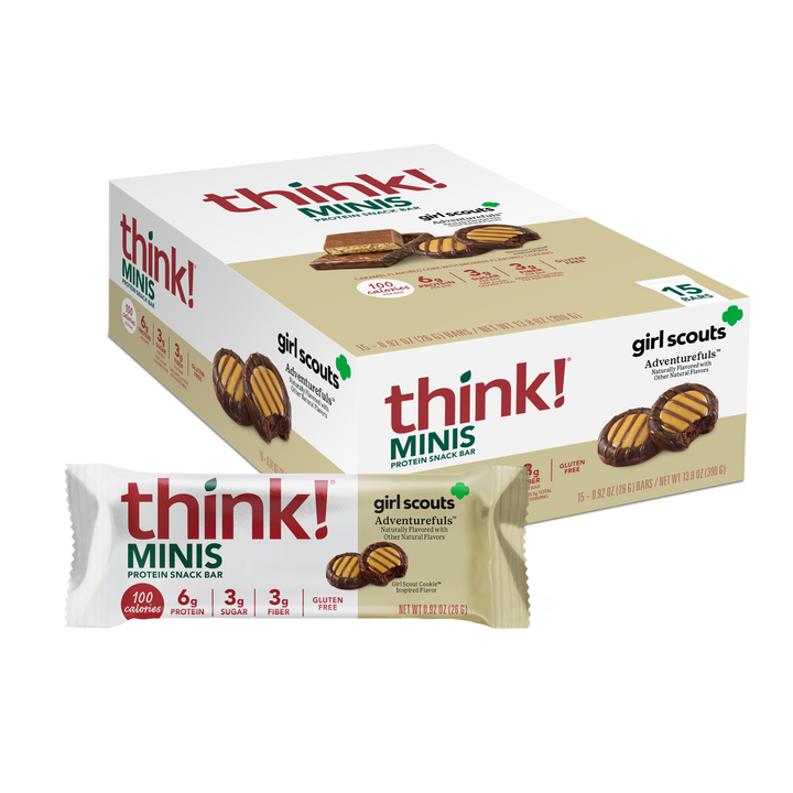 think! Minis Girl Scouts Adventurials protein snack bar packaging on a white background