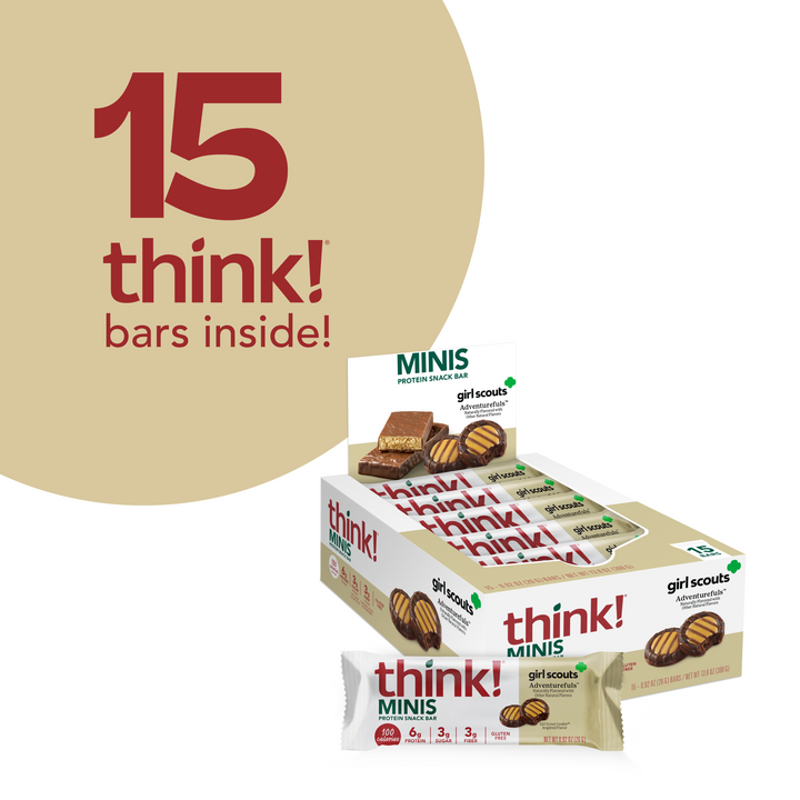 think! Minis Girl Scout cookies packaging with '15 think! bars inside!' text on a beige background