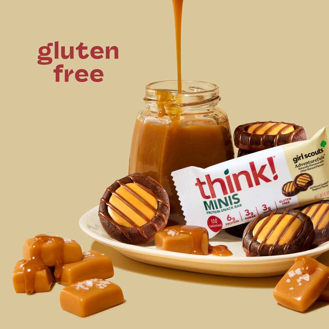 Caramel-themed snacks with a think! Minis package on a beige background
