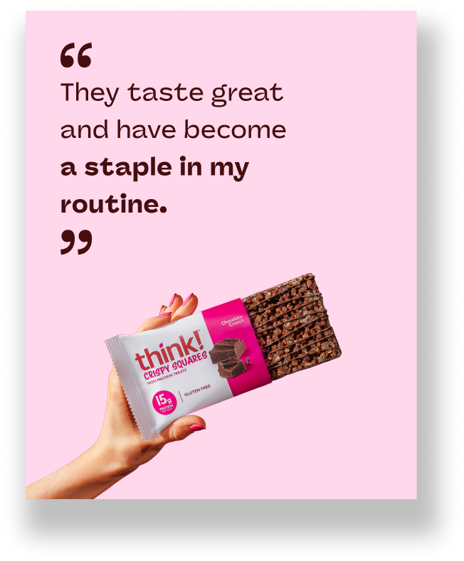 testimonial: 'They taste great and have become a staple in my routine'. With a hand holding a think crispy square bar