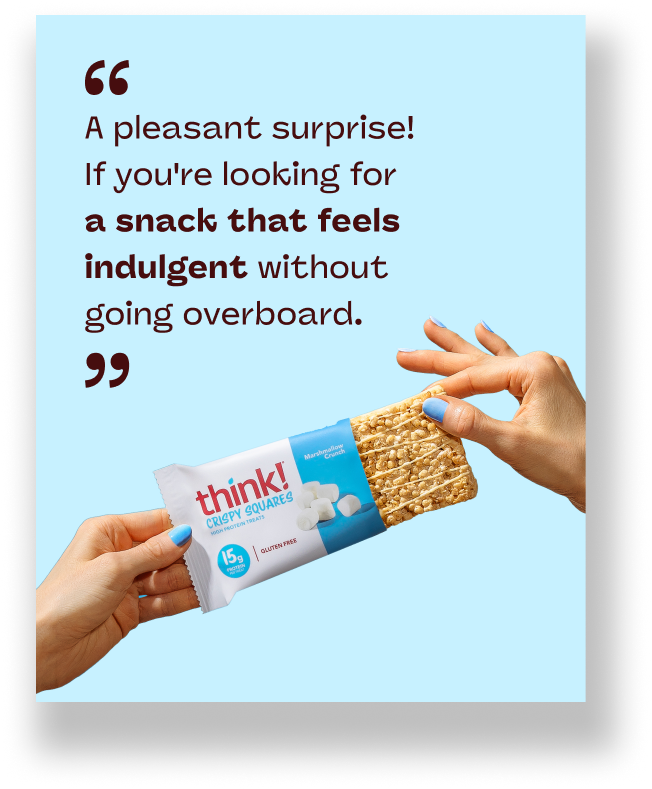 a testimonial: 'a pleasant surprise! If you're looking for a snack that feels indulgent without going overboard'. And a hand holding a think crispy squares marshmallow bar.