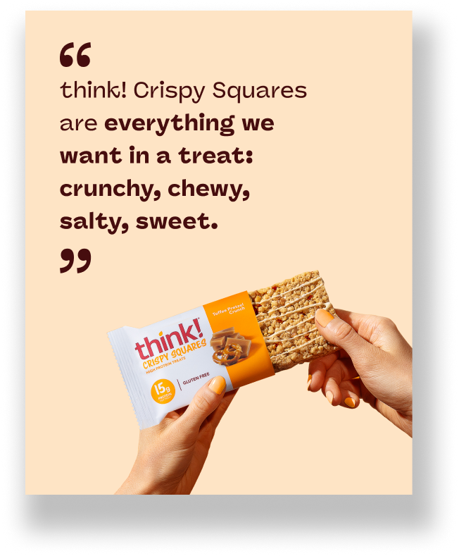 a testimonial: 'think crispy squares are everything we want in a treat: crunchy, chewy, salty, sweet.' And a hand holding a think crispy squares caramel pretzle bar