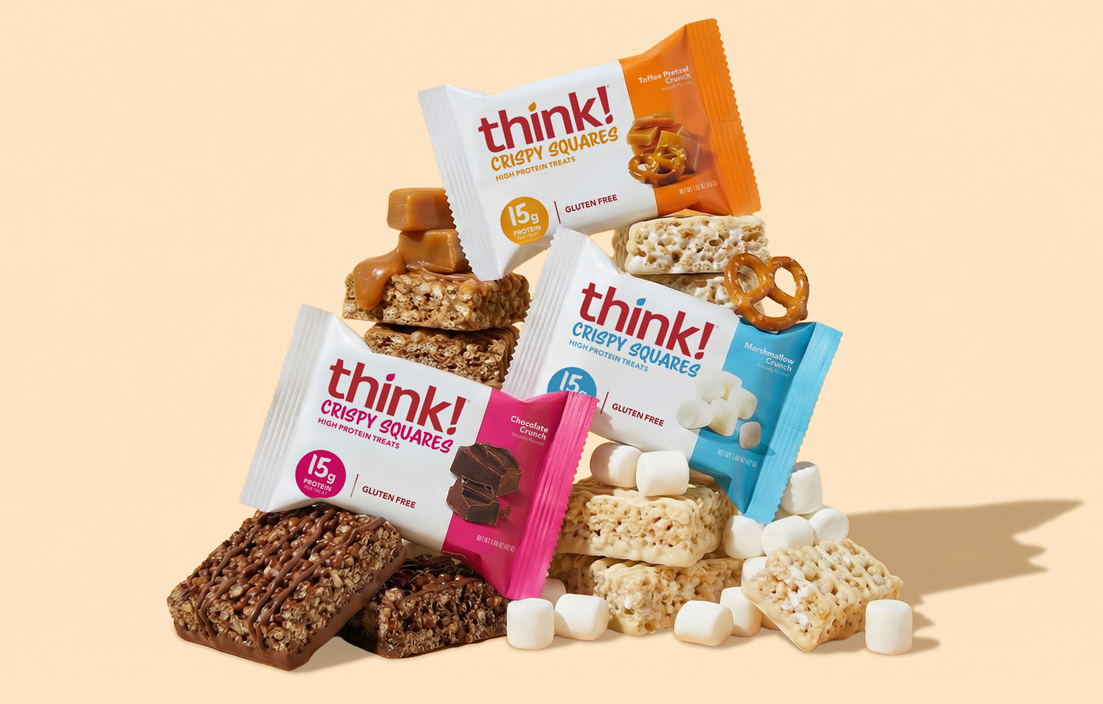 think! crispy squares snacks on a beige background