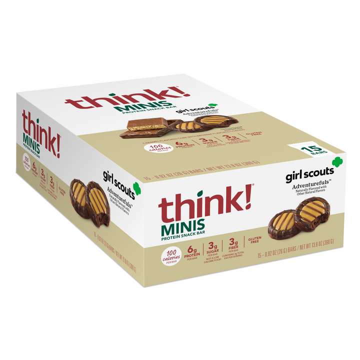 Box of think! Minis Girl Scouts protein snack bars on a white background