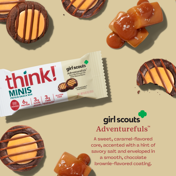think! Minis Girl Scouts Adventurefuls snack bar with cookies on a beige background
