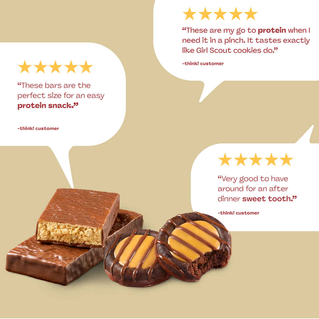 Chocolate bars and cookies with customer reviews on a beige background