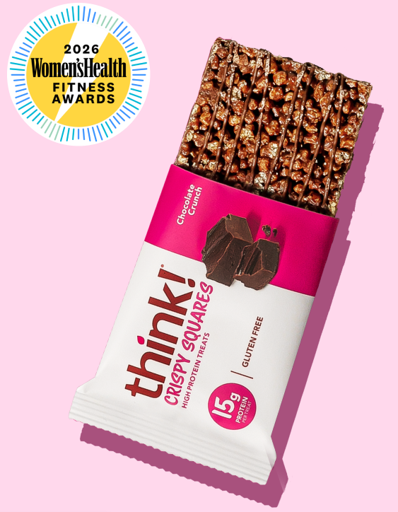 think! Crispy Squares snack bar on a pink background with Women's Health Fitness Awards logo.