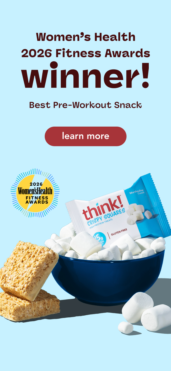 Women's Health 2026 Fitness Awards winner! 'Best Pre-Workout Snack' - think! Crispy Squares. Learn More. Banner shows the Women's Health Fitness Awards logo and a Think Crispy Squares Marshmallow bar in a bowl of marshmallows