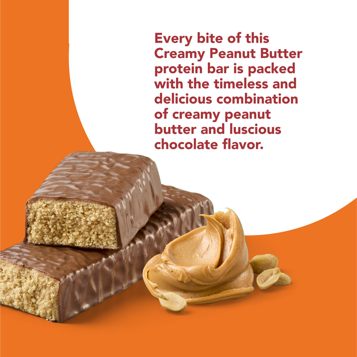 High Protein Bar, Creamy Peanut Butter - Every bite of this Creamy Peanut Butter protein bar is packed with the timeless and delicious combination of creamy peanut butter and luscious chocolate flavor.