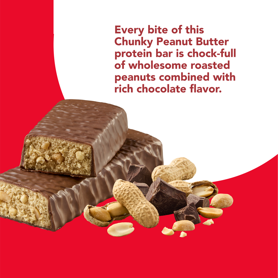 High Protein Bar, White Chocolate -  Every bite of this Chuncky Peanut Butter protein bar is chock-full of wholesome roasted peanuts combined with rich chocolate flavor.