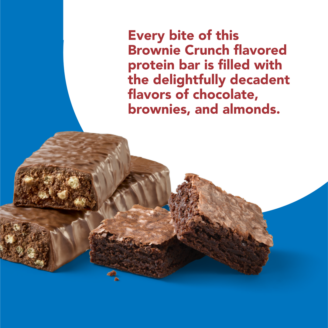 High Protein Bar, Brownie Crunch - Every bite of this Brownie Crunch flavored protein bar is filled with delightfully decadent flavors of chocolate, brownies, and almonds. 