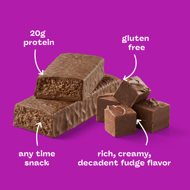 Two chocolate protein bars and fudge pieces on a purple background, labeled as gluten-free with a rich, creamy flavor, and 20g of protein.