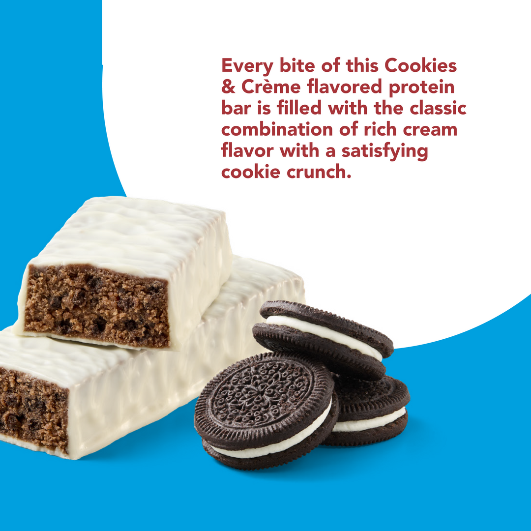High Protein Bar, Cookies & Creme - Every bite of this Cookies & Creme  flavored protein bar is filled with the classic combination of rich cream flavor with a satisfying cookie crunch.