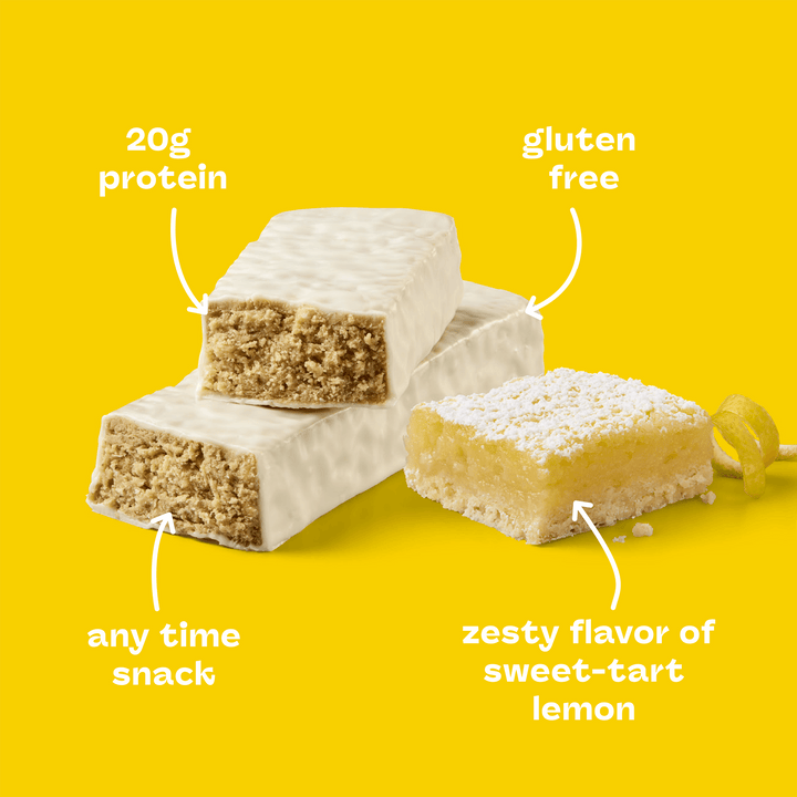 Three white-coated protein bars are stacked, each labeled with features like "20g protein," "gluten free," and "any time snack." A lemon bar dusted with sugar is described as having a "zesty flavor of sweet-tart lemon" on a bright yellow background.