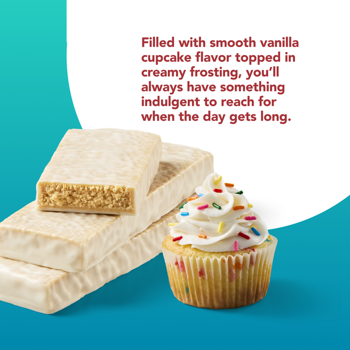 Protein Snack Bar, Cupcake Batter -  Filled with smooth vanilla cupcake flavor topped in creamy frosting,  you'll always have something indulgent to reach for when the day gets long.