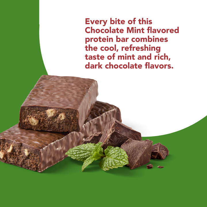 Plant-Based High Protein Bar, Chocolate Mint - every bite of this Chocolate Mint flavored protein bar combines the cool, refreshing tatse of mint and rich, dark chocolate flavors.
