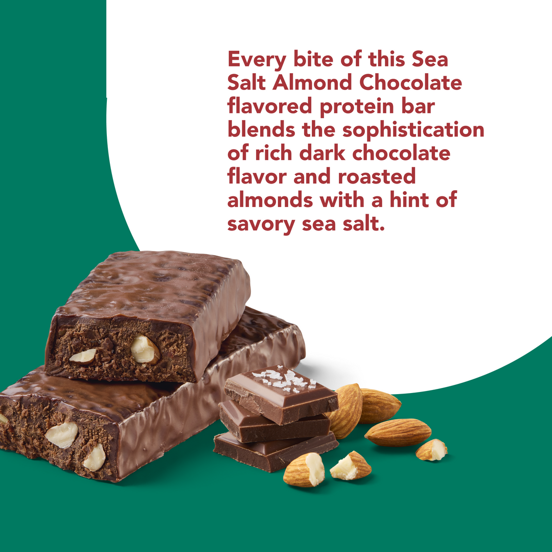 Plant-Based High Protein Bar, Chocolate Mint - Every bite of this Seas Salt Almond Chocolate flavored protein bar blends the sophistication of rich dark chocolate flavor and roasted almonds with a hint of savory sea salt.
