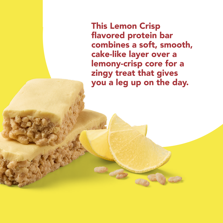 Crisp High Protein Bar, Lemon Crisp - This Lemon Crisp flavored protein bar combines a soft, smooth, cake-like layer over a lemony-crisp core for a zingy treat that gives you a leg up on the day.
