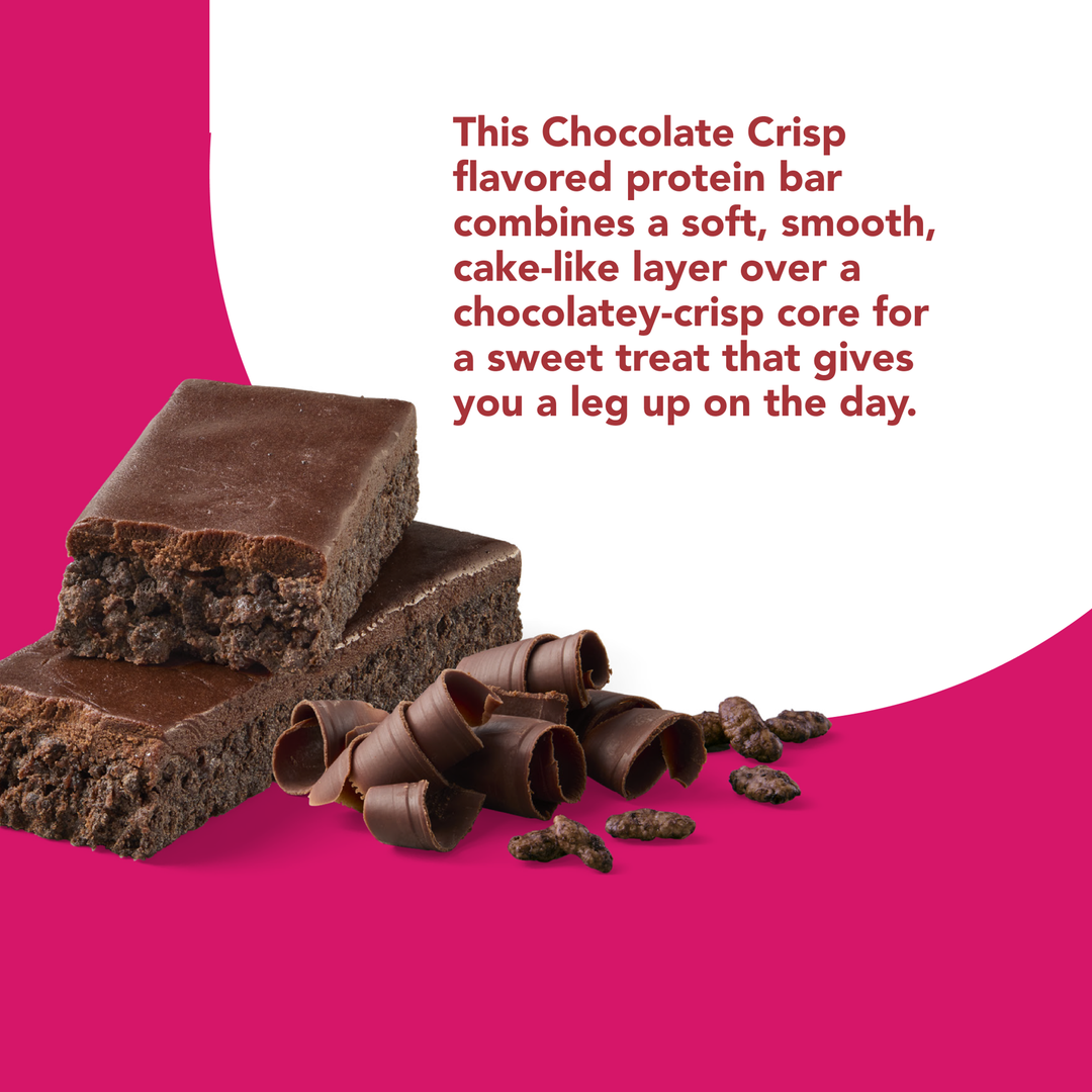 Crisp High Protein Bar, Chocolate Crisp This Chocolate Crisp flavored protein bar combines a soft, smooth, cake-like layer over a chocolatey-crisp core for a sweet treat that gives you a leg up on the day.