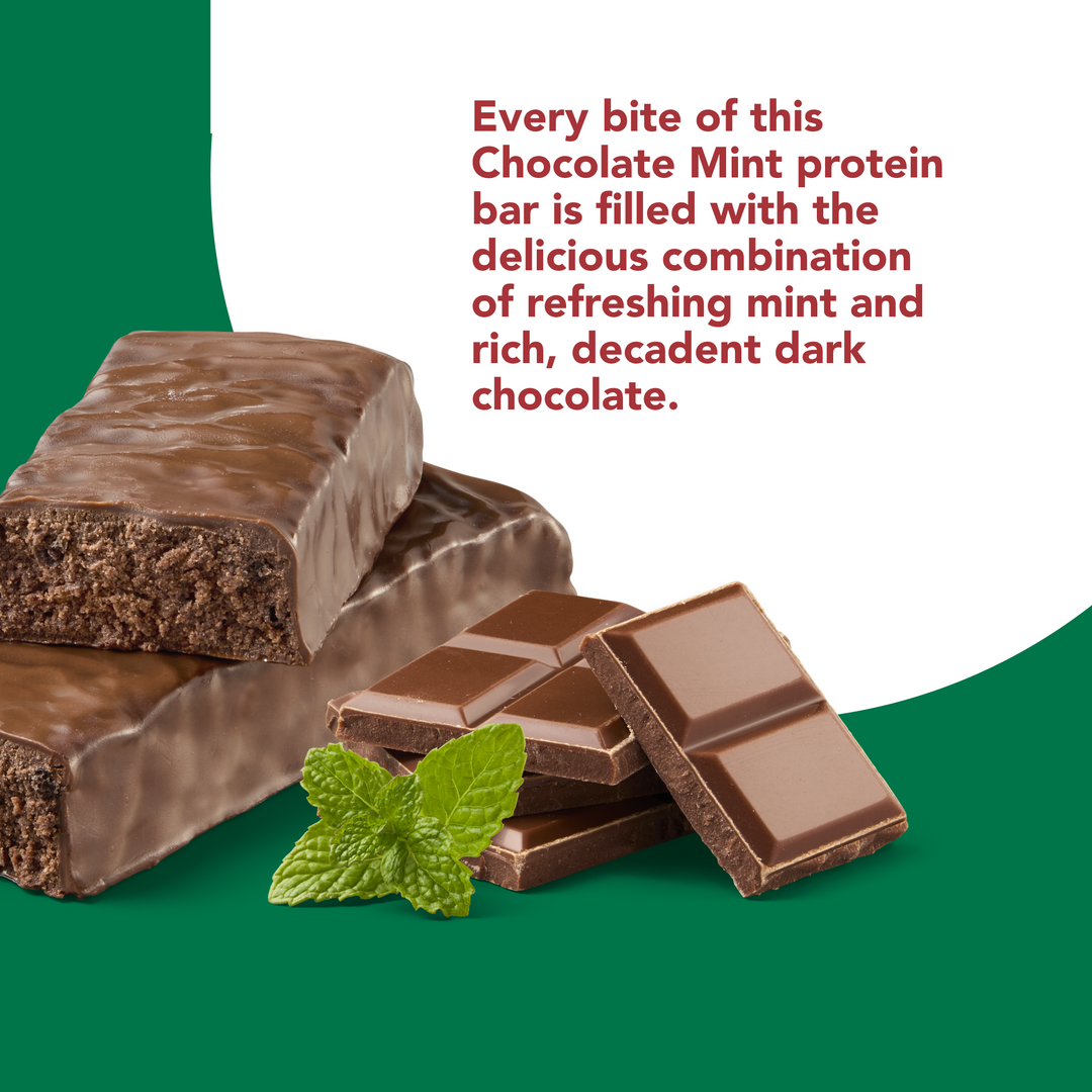 High Protein Bar, Chocolate Mint - Every bite of this Chocolate Mint protein bar is filled with the delicious combination of refreshing mint and rich, decadent dark chocolate.