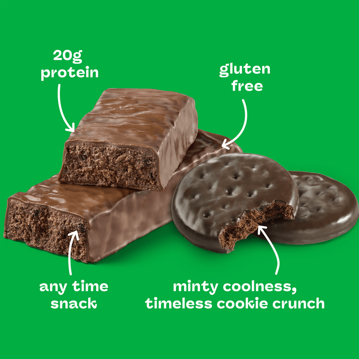 Chocolate-covered protein bar and mint cookies on a green background. Text highlights features: 20g protein, gluten-free, anytime snack, minty crunch.
