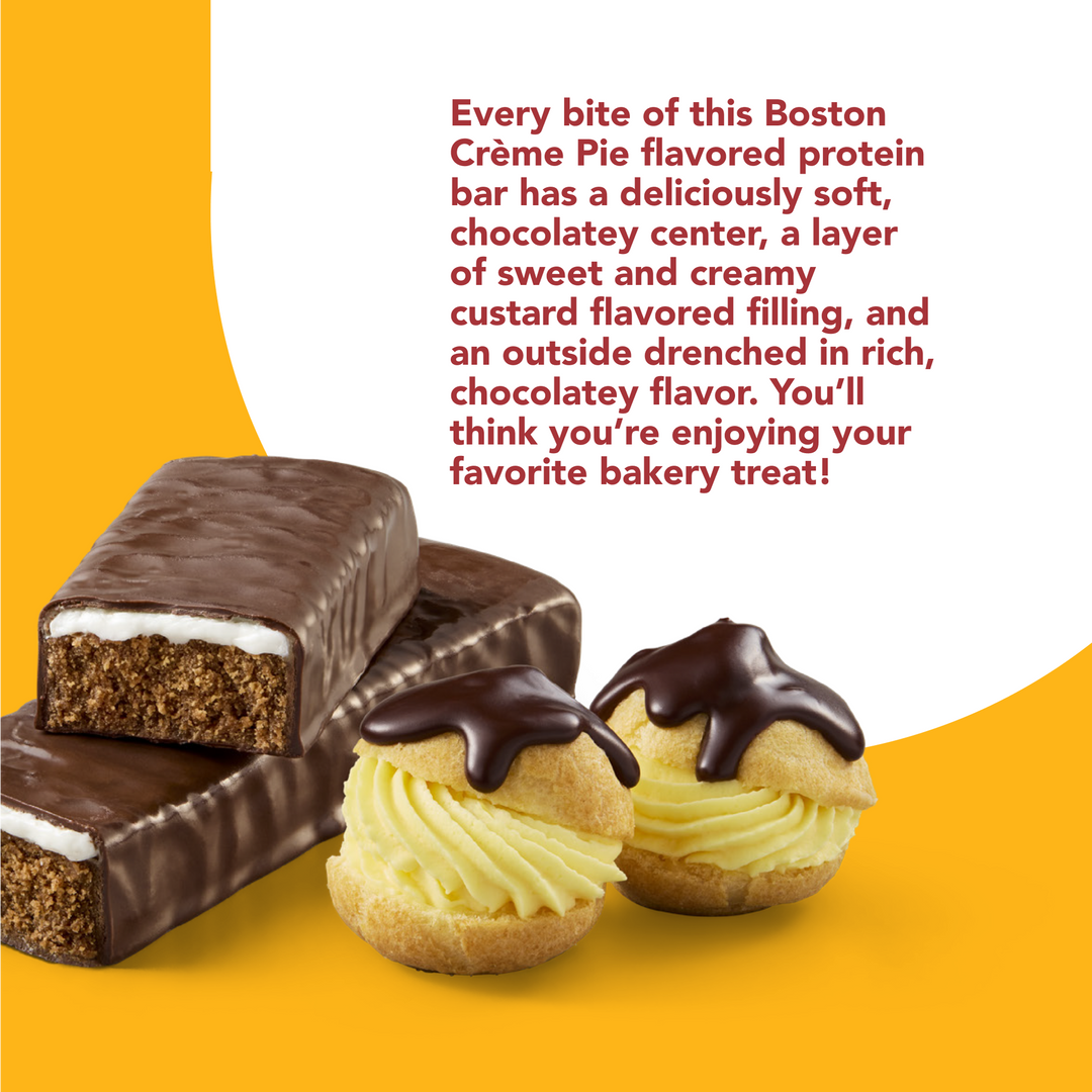Sweet Treat High Protein Bar, Boston Crème Pie -  Every bite of this Boston Creme Pie flavored protein bar as a deliciously soft, chocolatey center, a layer of sweet and creamy custard flavored filling, and an outside drenched in rish, chocolatey flavor. You'll think you're enjoying your favorite bakery treat!
