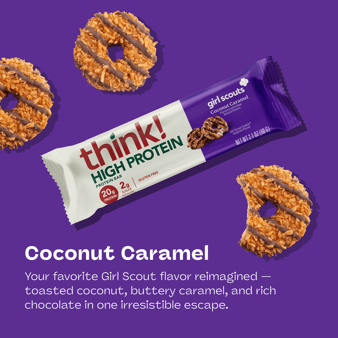 Purple background with a "think! High Protein" bar and three caramel coconut cookies. Text says, "Coconut Caramel" noting flavors of coconut, caramel, and chocolate.