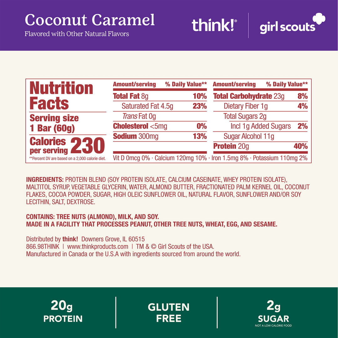 Coconut Caramel nutrition label for a protein bar. It includes 230 calories, 20g protein, and 2g sugar. The product is marked gluten-free.