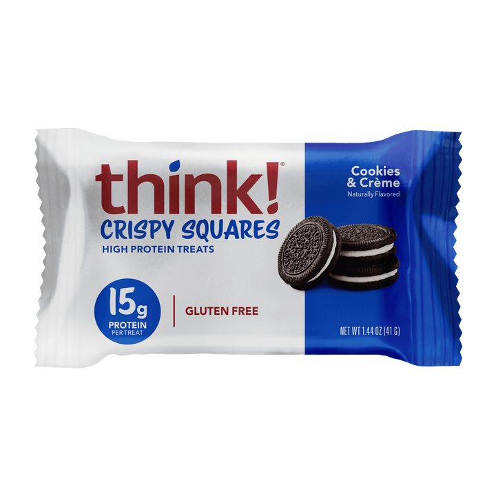 think! Crispy Squares Cookies & Creme high protein treat packaging 