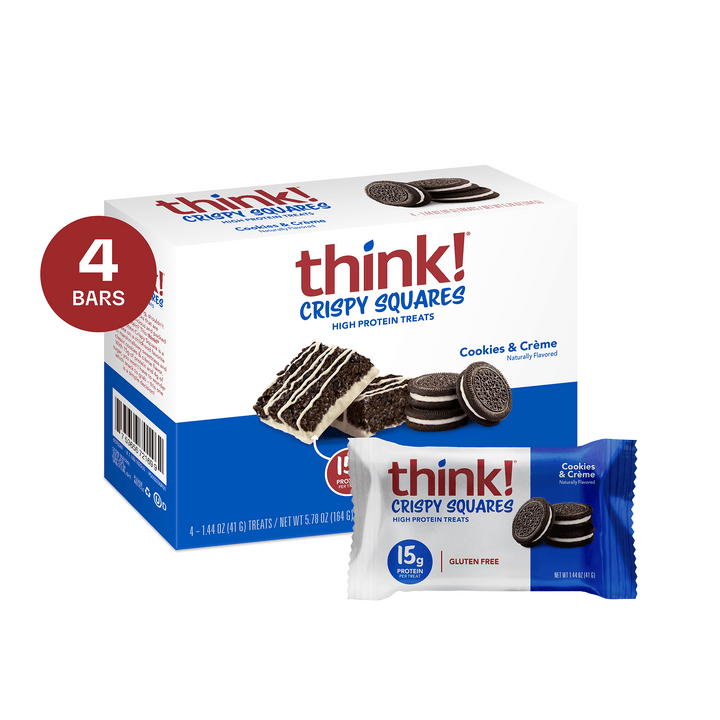 think! Crispy Squares Cookies & Crème high protein treats packaging on a white background