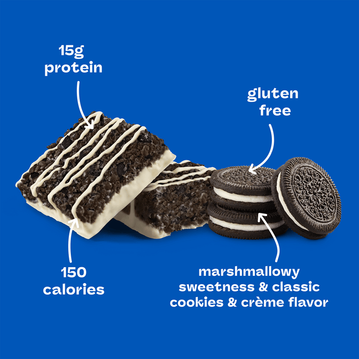 Gluten-free cookies and marshmallow bars on a blue background. Text highlights include "15g protein," "150 calories," and "marshmallowy sweetness."